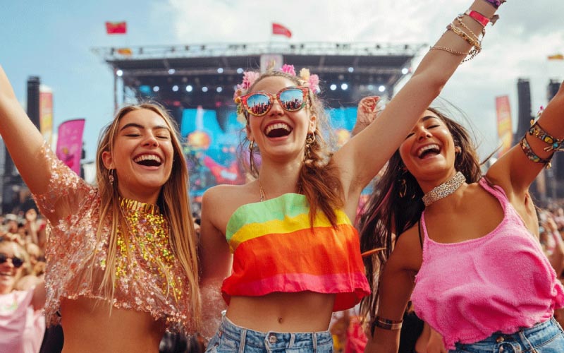 a group of revellers at Parklife, festival trip, August 2024, UK