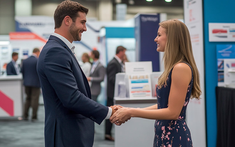 business people shaking hands at a trade show, Manchester business trip, December 2024, UK